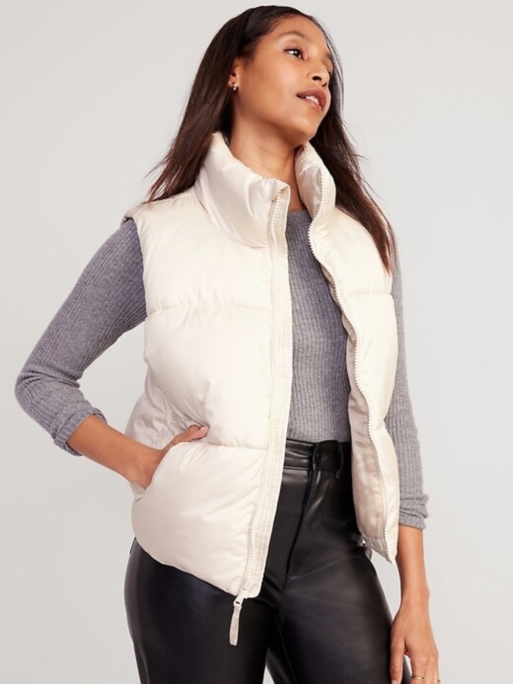 Old Navy Cream Puffer Vest with High Collar